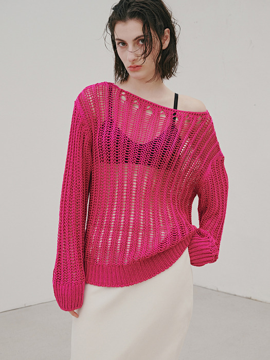 boxy-fit net pullover-purple