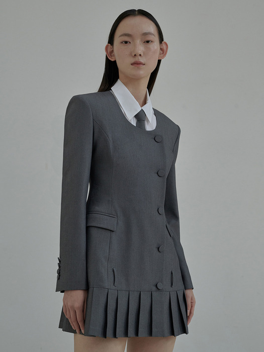 Jenn round neck pleated suit jacket dress - Grey