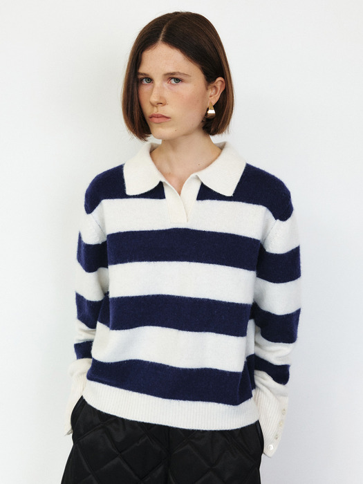 CASHMERE BLENDED STRIPE KNIT TOP [GREY][BLUE]