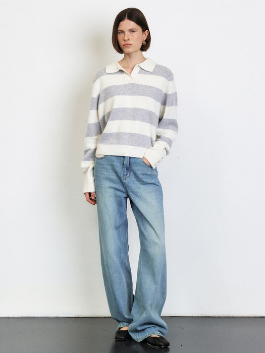 CASHMERE BLENDED STRIPE KNIT TOP [GREY][BLUE]