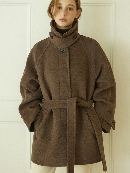 Raglan Belted Wool Half Coat - Brown