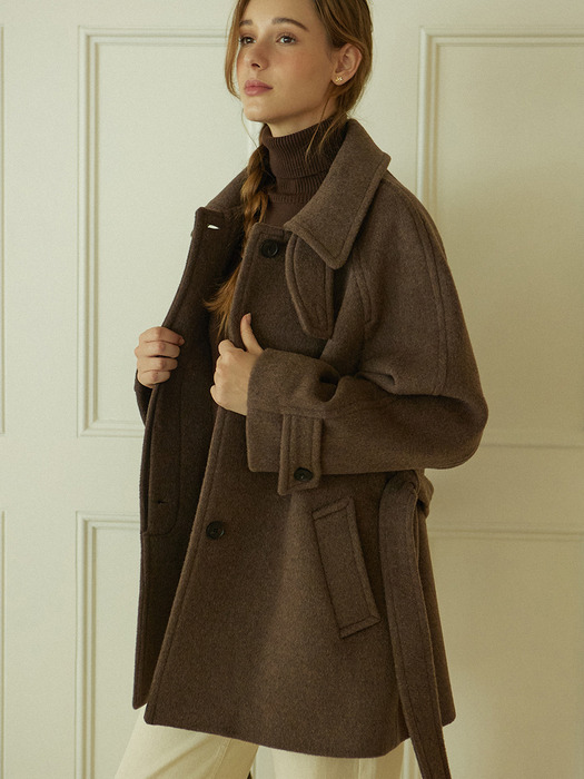 Raglan Belted Wool Half Coat - Brown