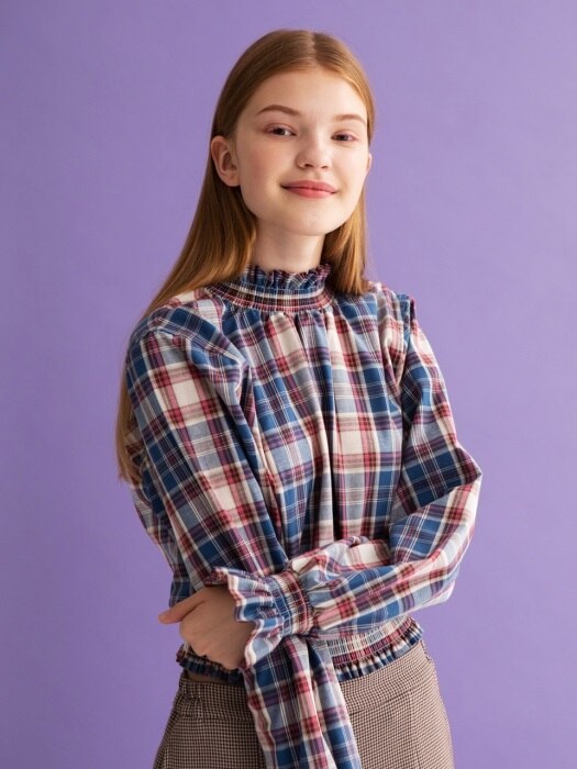 VINTAGE CHECK FRILL BLOUSE [BLUE]