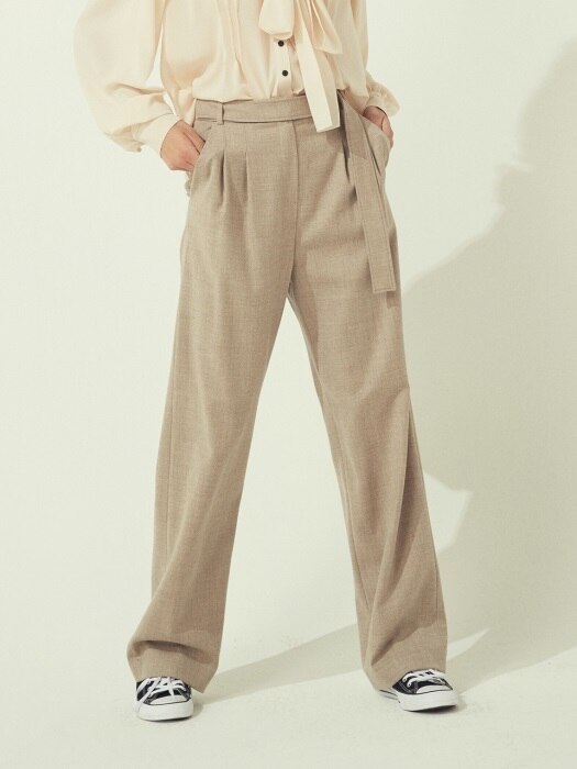 BELTED WOOL PANTS - OATMEAL/BLACK