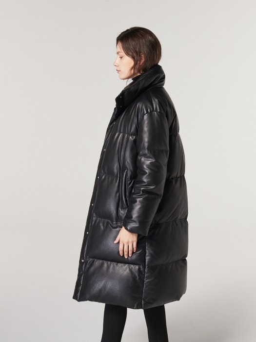 LEATHER DOWN-FILLED LONG JACKET. BLACK