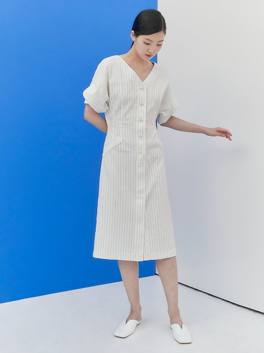 Linen Stripe Back Open Dress - White (KE0571M020)