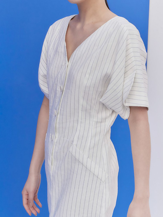 Linen Stripe Back Open Dress - White (KE0571M020)