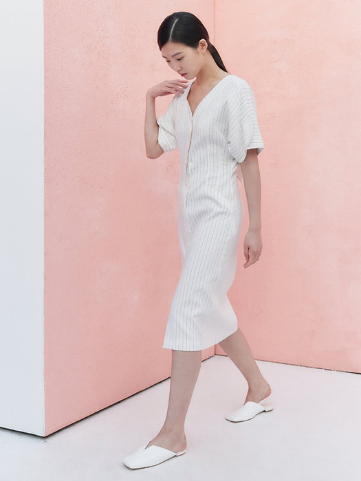 Linen Stripe Back Open Dress - White (KE0571M020)