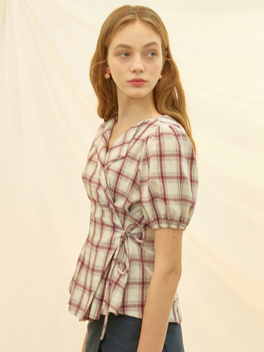 iuw685 waist string check blouse (check)