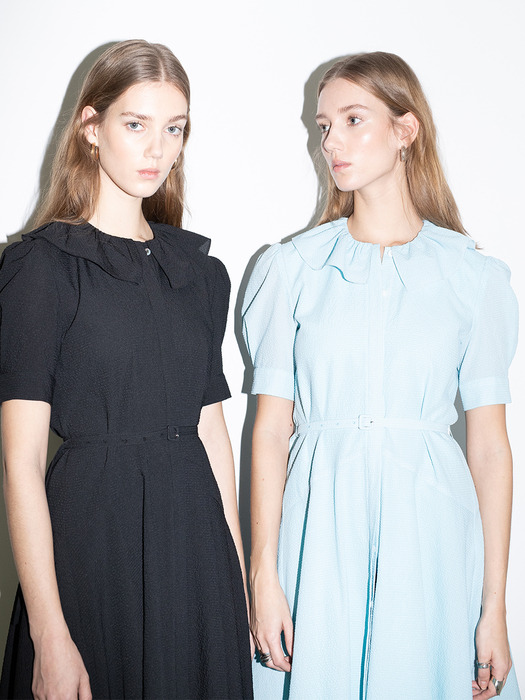 NEWPORT ruffle detail short sleeve oversized dress (Black/Sky blue)