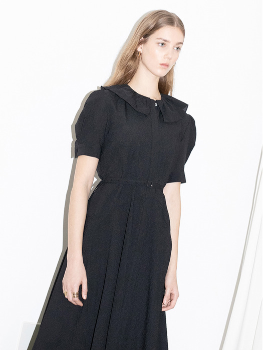 NEWPORT ruffle detail short sleeve oversized dress (Black/Sky blue)