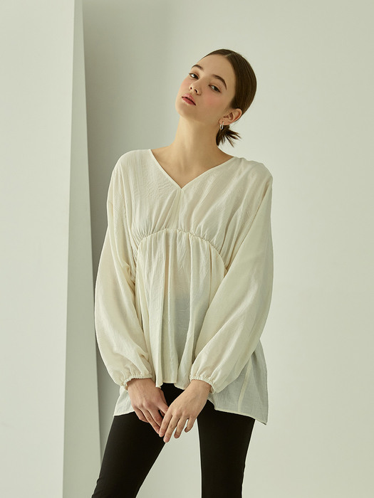 Charming V-neck Shirring Blouse (Ivory)