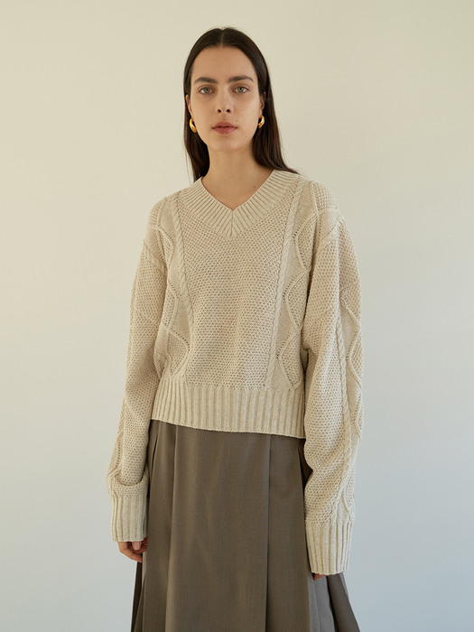 TOS V-NECK CABLE KNIT TOP_3COLOR