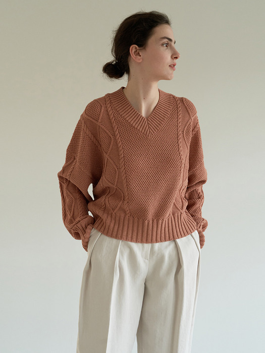 TOS V-NECK CABLE KNIT TOP_3COLOR