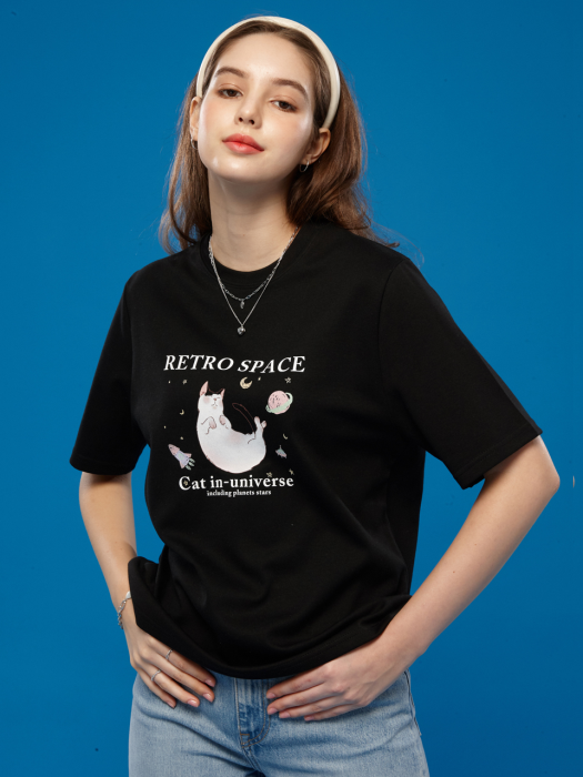 WOMEN 오버핏 그래픽 고양이 반팔티 [BLACK] 반팔 티셔츠 ver.