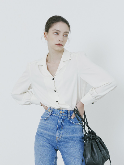 Shirring Notched Collar Blouse - Ivory