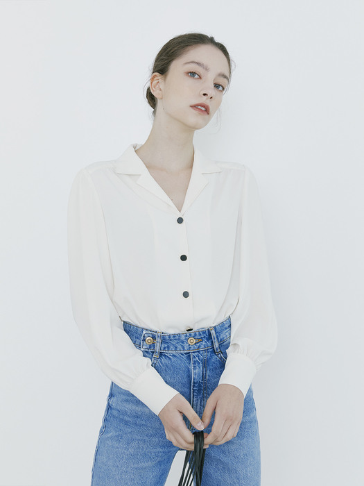 Shirring Notched Collar Blouse - Ivory