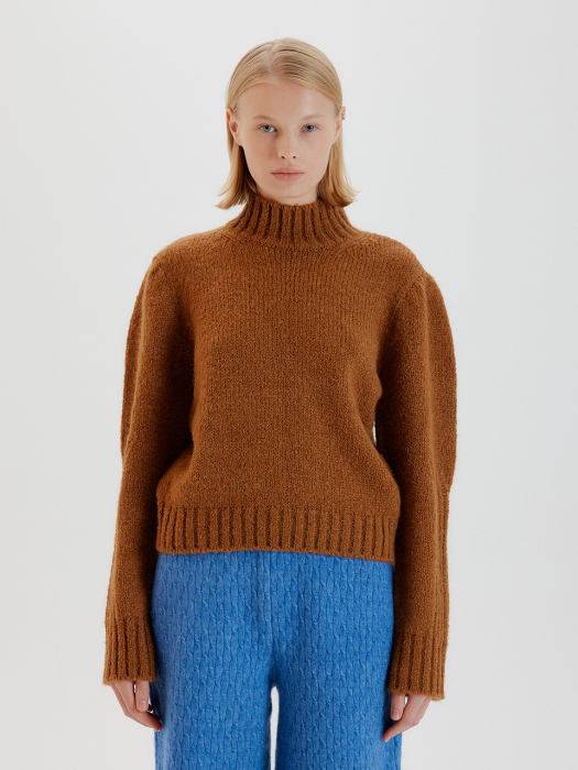 TEY Puff Sleeve Turtleneck Knit Pullover - Brown