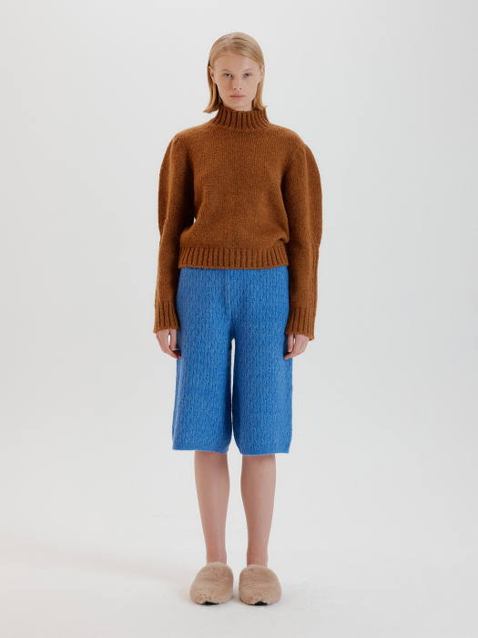 TEY Puff Sleeve Turtleneck Knit Pullover - Brown