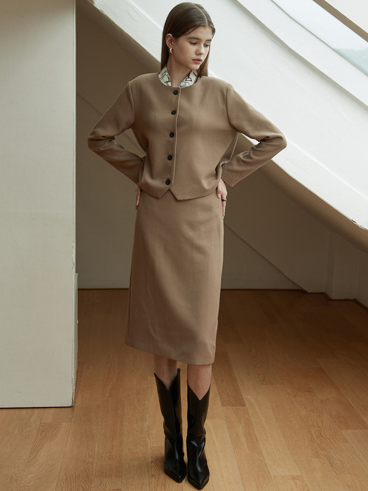 j827 (SET) croffle cardigan jacket + croffle H skirt (brown)