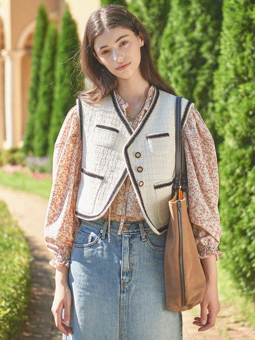 Tweed Quilted Lace Vest (Ivory)