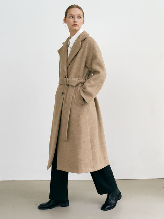 6W Lamswool-cashmere long double coat (Beige)