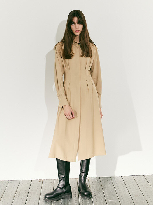 Long Sleeve Pin-tuck Shirt Dress - Beige