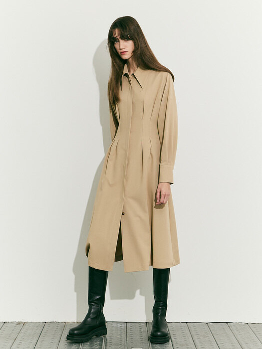 Long Sleeve Pin-tuck Shirt Dress - Beige