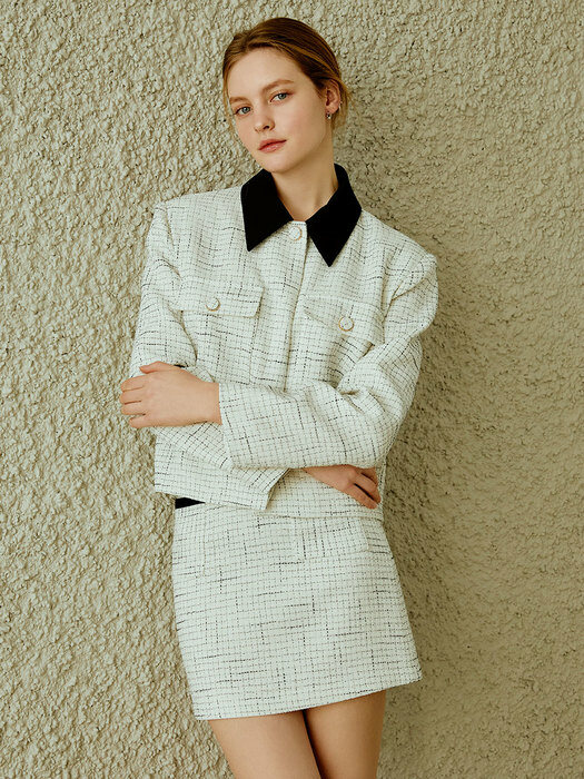 Collar point tweed jacket (ivory)