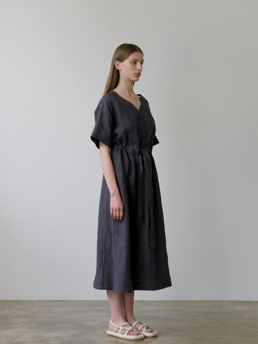 Dolman Sleeve Linen Dress _ charcoal