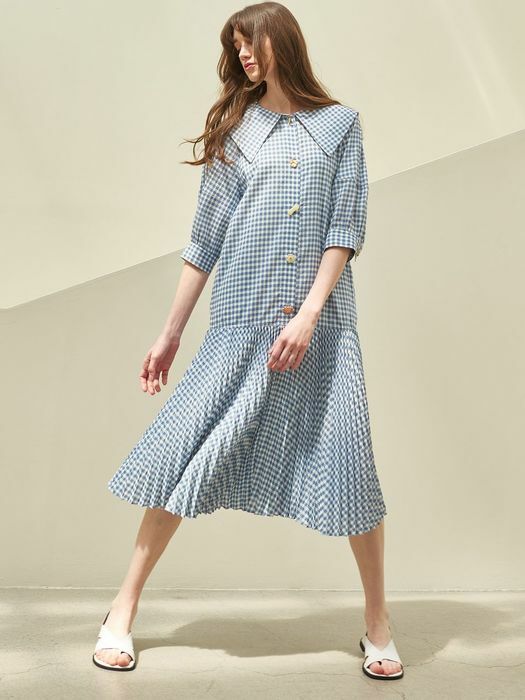 CAPE COLLOR PLEATED DRESS_BLUE CHECK