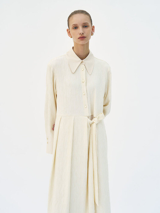 Belted crinkled cotton-blend oversize shirt dress (Ivory)