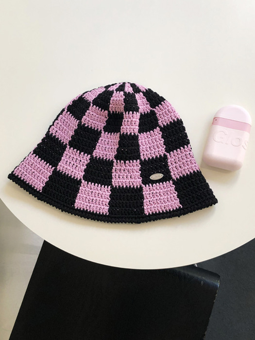 [단독]No.91 / Checks Bucket Hat _ Pink (첵스 체커보드 크로쉐 버킷햇)