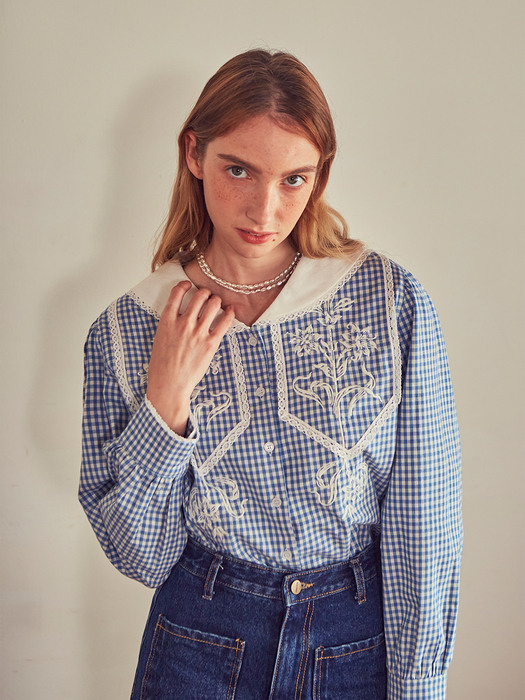Check Sailor Embroidered Blouse (Blue)