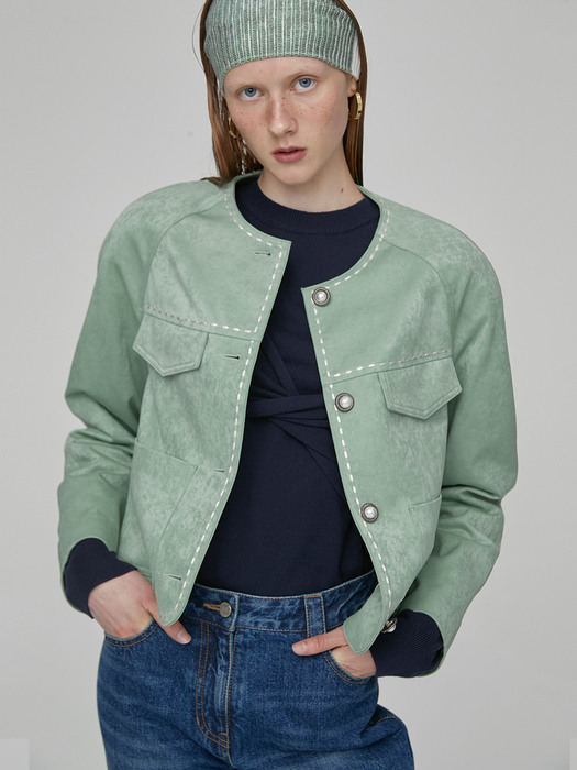 LINE STITCH CROP JACKET - GREEN