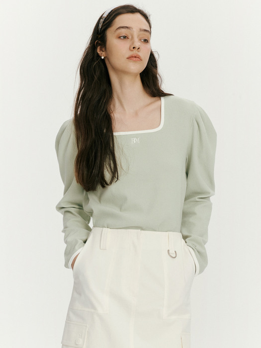 Square neck ribbed puff top - Mint