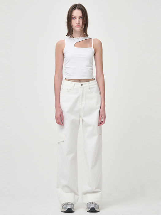 Pocket Denim Turn Up Pants, White