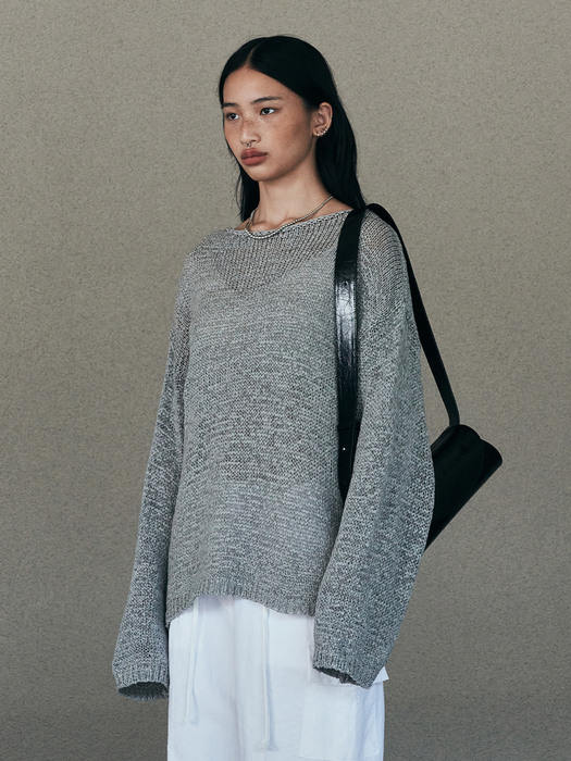 Tape Boat Neck Over Fit Pullover (Gray)