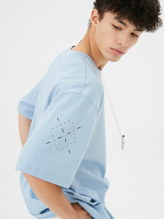 UNISEX, Argyle Hole Sleeve T-shirt / Sky Blue