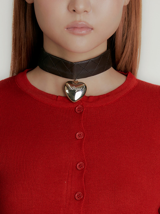 QUILTED LEATHER HEART CHOKER_BROWN