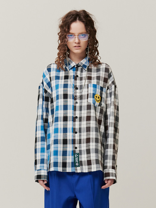 OVER-FIT HALF-AND-HALF CHECKERED SHIRT_BLUE