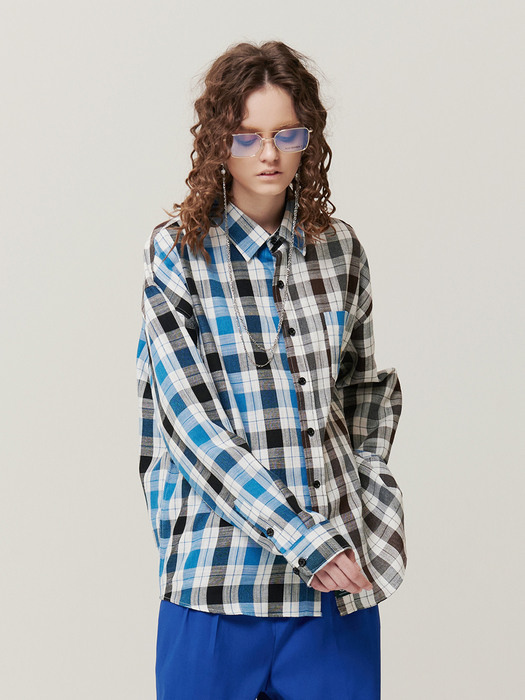 OVER-FIT HALF-AND-HALF CHECKERED SHIRT_BLUE