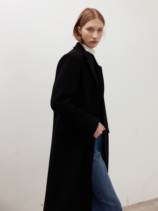 Wool cashmere tailored long coat / Black