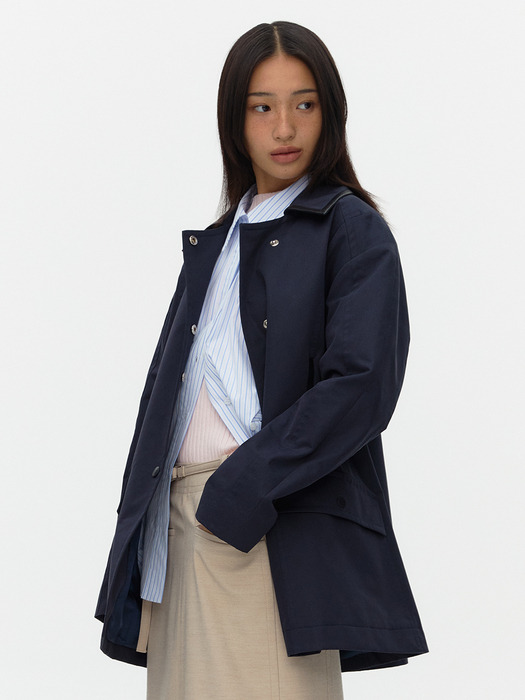 Leather Combo Half Trench_NAVY