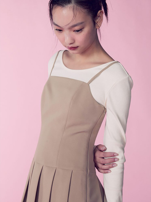 Pleats Sleeveless Mini Dress  Beige (KE4271M03A)
