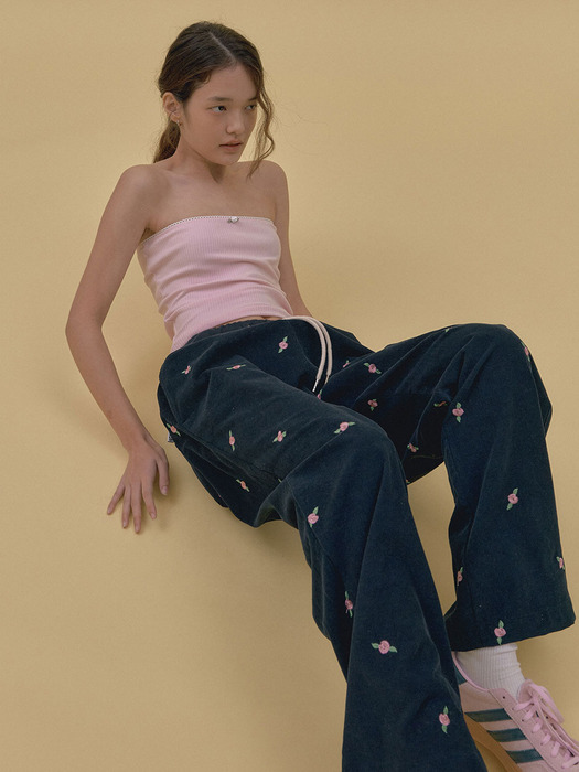 Rose Embroided Cotton Banding Pants(navy)