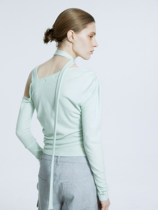 SEVRES Unbalanced Cut-Out Off-Shoulder Knitted Top_Mint