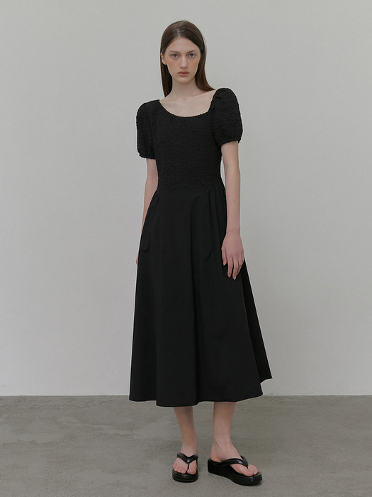 Texture Shirring Dress, Black