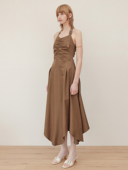 HALTER BELTED SLEEVELESS LONG DRESS - CAMEL BROWN