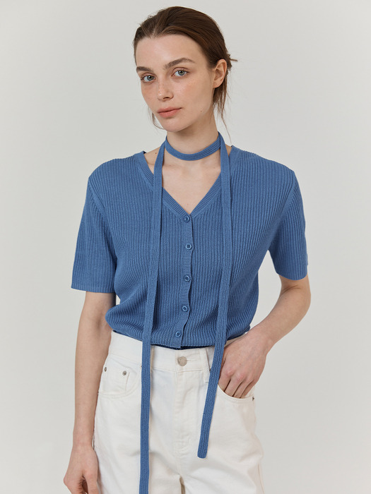 Linen strap cardigan (Blue)